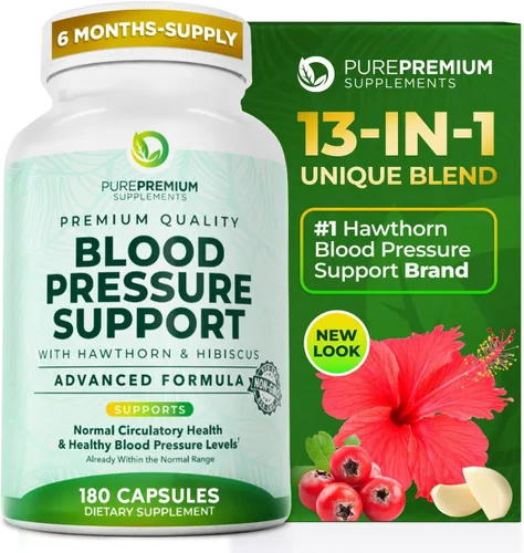 PurePremium Suplementos para la presión arterial con baya de espino, hibisco, ajo y vitamina B12 - Suplemento de óxido nítrico para la salud normal