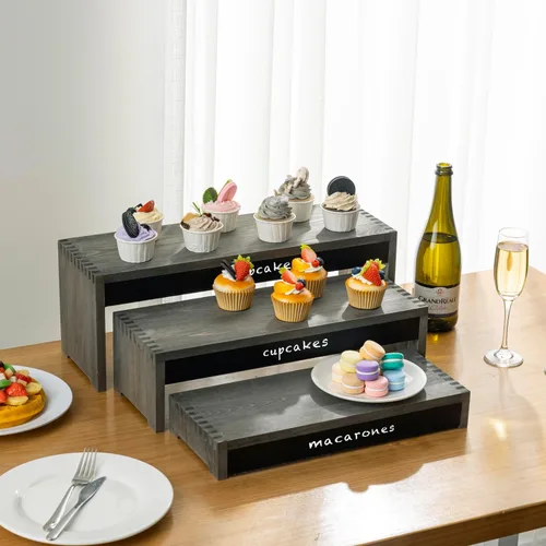 Miniatura 8 de MyGift Soportes elevadores rústicos de madera quemada de 21 pulgadas para tartas/postres con paneles de pizarra