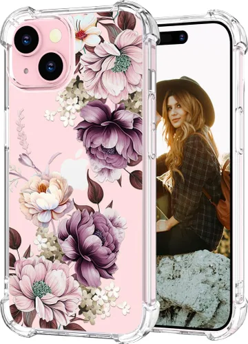 Miniatura 13 de Hungo Funda compatible con iPhone 15 Plus para mujer, diseño floral transparente, lindo, flor azul rosa Rosas Azules