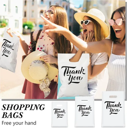 Miniatura 5 de Jeyiour 300 bolsas de mercancía de agradecimiento de 3 tamaños, bolsas de compras para negocios con asas, regalo de agradecimiento, bolsas de Blanco