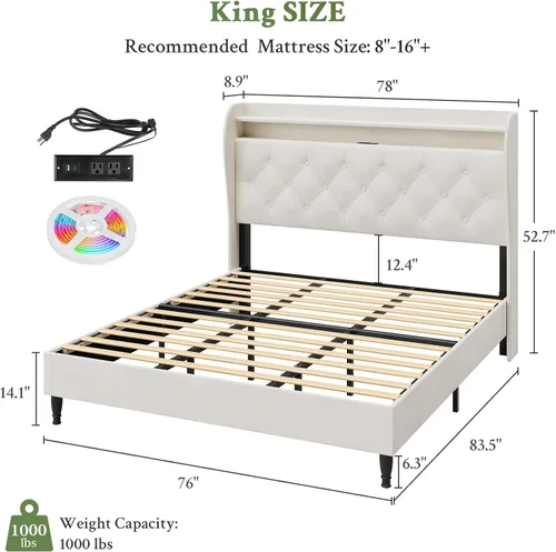 Miniatura 2 de Base de cama tamaño King con cabecera alta, base de cama tapizada con estación de carga y luces LED, moderna cabecera de almacenamiento con respaldo