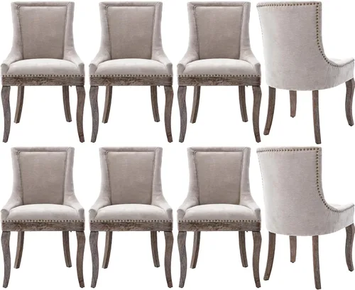 Miniatura 31 de Sillas de Comedor - Juego de 6 sillas de comedor modernas, tapizadas de tela con respaldo alto con ribete de cabeza de clavo y patas curvas