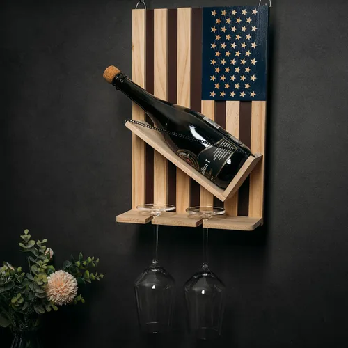 Miniatura 7 de The Wine Savant Estante para vinos montado en la pared con la bandera estadounidense, hermoso soporte para botellas y vino y 2 vasos patrióticos