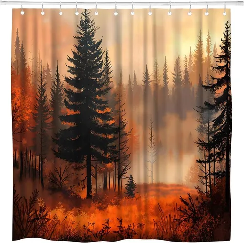 Cortina de ducha de árbol del bosque otoñal, Halloween, bosque brumoso, pino, montaña, niebla, selva, terror, otoño, país de las maravillas, juego