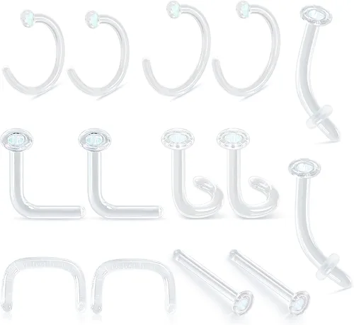 Juego de 14 retenedores de cristal para el trabajo, deportes, cirugía, hipoalergénico, estilo mixto, anillos transparentes para labios, nariz,