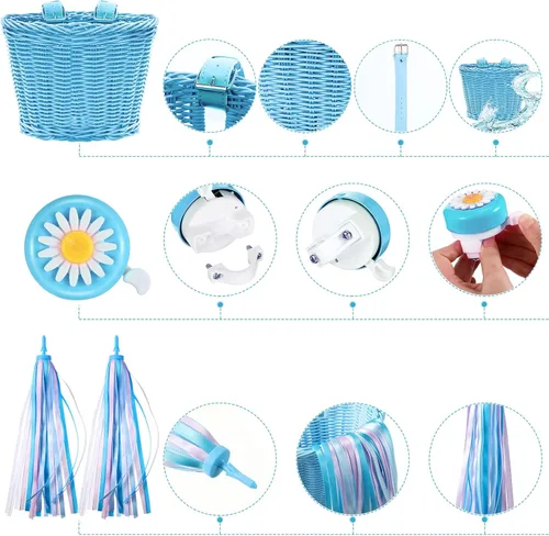 Miniatura 4 de Hestya Juego de cestas de bicicleta para niños, cesta de mimbre, cesta de bicicleta para manillar para niñas con 2 luces LED para ruedas