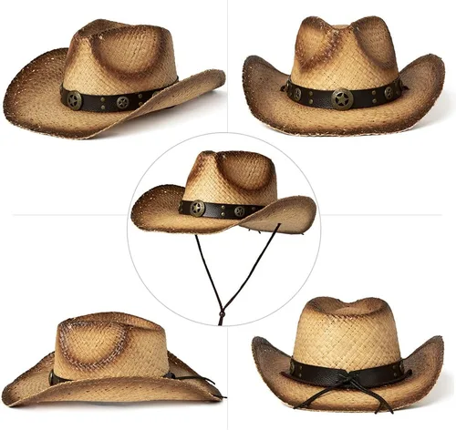 Miniatura 12 de Comhats Sombrero de paja de vaquero redondo de estilo occidental para mujer, cordón de barbilla Fedora de cuero vegano, ala moldeable, vaquera
