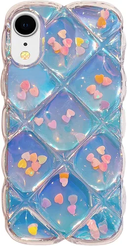 Miniatura 2 de Qokey Funda para iPhone XR de 6.1 pulgadas, lindo láser gradual Bling Love Heart Glitter Clear+Translucent Card Soft Wave Frame Anticaída 3D gruesa