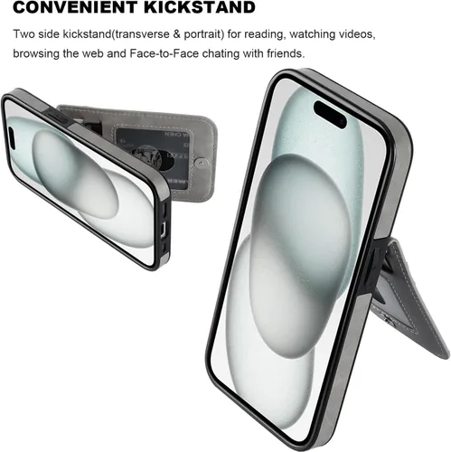 Miniatura 5 de KIHUWEY Funda compatible con iPhone 15 con soporte para tarjeta de crédito, cierre magnético de cuero de alta calidad, función atril, funda Gris
