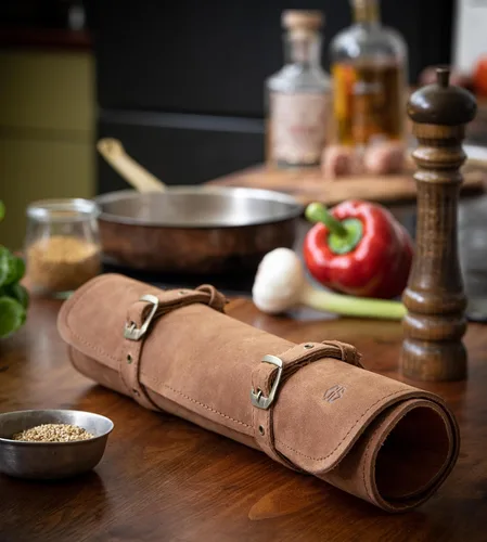 Miniatura 2 de Bolsa de rollo de cuchillos Cuero Genuino - Bolsa de cuchillos de chef 7 ranuras - Estuche de cuero para cuchillos Sam Marrón