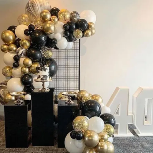 Miniatura 4 de Togvu - Kit de guirnalda de globos negros y dorados, 122 piezas de globos de látex con confeti negro metálico dorado de 18/12/10/5 pulgadas