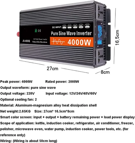 Miniatura 5 de Inversor de onda sinusoidal pura de 12 V a 220 V, 3000 W-6000 W, convertidor de potencia máxima de CC a CA con pantalla LCD, para automóvil, barco
