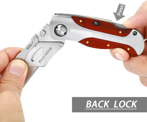 Miniatura 4 de WORKPRO - Cuchillo de uso de cambio rápido, mango de madera estilo retro, cuchillo plegable con clip