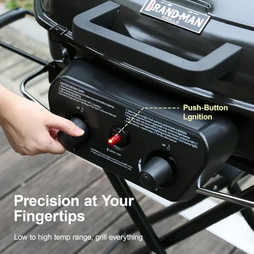 Miniatura 7 de Brand-Man - Parrilla portátil de gas propano con carrito plegable y botón de encendido, diseño de pie para campamento, portón trasero, barbacoa