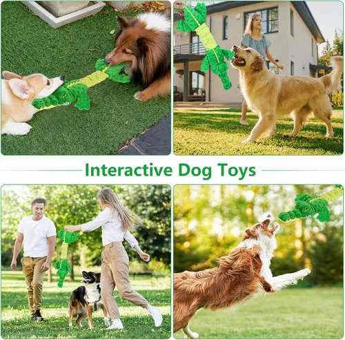 Miniatura 6 de Letsmeet Juguetes Grandes de Cocodrilo Chirriante para Perros, Juguetes Interactivos para Cachorros con Papel Arrerugado, Juguete de Tirones