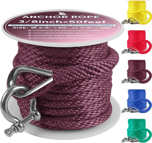 Miniatura 50 de Cuerda de anclaje premium de 100 pies x 3/8 pulgadas, cuerda marina de línea de anclaje MFP trenzada sólida con dedal y grillete, color negro