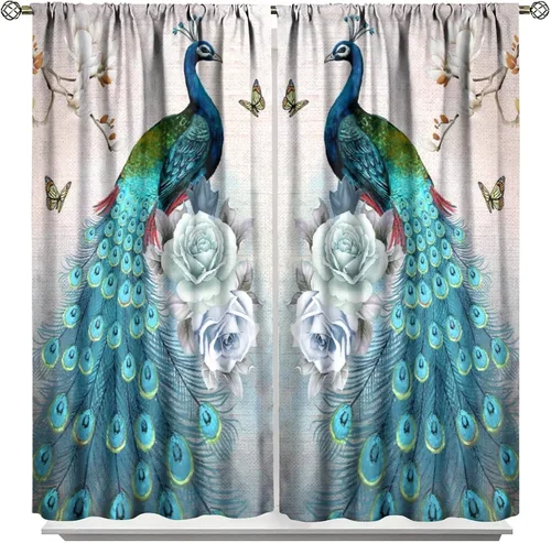 Miniatura 50 de Cortina opaca con estampado de pavo real, con estampado de animales retro, con bolsillo para cortinero y flores de peonía doradas, para dormitorio