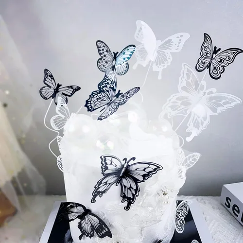 Miniatura 8 de Ercadio Paquete de 36 adornos de mariposa 3D para tartas de mariposa en blanco y negro de PVC para tartas de mariposa, estilo mixto, arte hueco