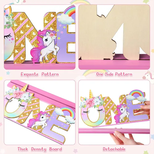 Miniatura 3 de Decoraciones de cumpleaños de unicornio, letrero de una letra de unicornio para el primer cumpleaños, centro de mesa de madera de una mesa