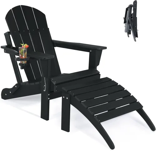 Silla Adirondack plegable con reposapiés, sillas Adirondack de plástico resistentes a la intemperie para exteriores con otomana desmontable, asiento