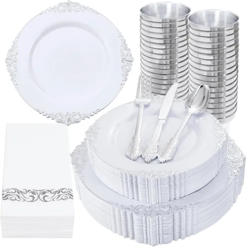 Miniatura 16 de Nervure 175 piezas de vajilla de plástico azul - Juego de vajilla de plástico azul dorado desechable incluye 50 platos para cena y postre, 25 Azul