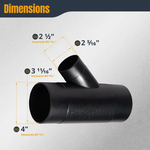 Miniatura 5 de POWERTEC 70190V - Conector de manguera de recolección de polvo de ajuste en Y, 1 paquete de 1 unidad 4" por 2.5" Y Fitting