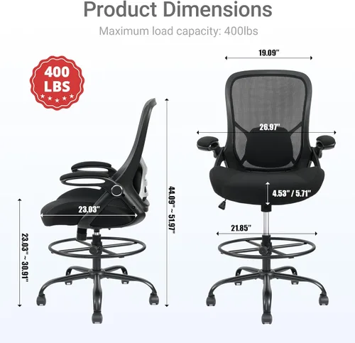 Miniatura 2 de HYLONE Silla de dibujo grande y alta de 400 libras, asiento grueso de 5 pulgadas, silla de oficina alta, reposabrazos abatibles, silla ergonómica