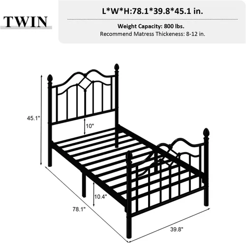LOEWAY Base de cama de metal tamaño individual con cabecero y estribo clásicos, marco de cama de plataforma para niños, soporte de listones de metal