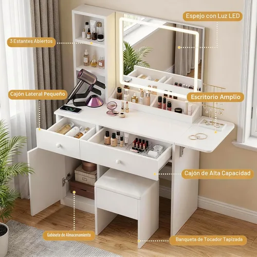 Miniatura 3 de FUXA Escritorio de tocador con espejo de luces LED y estación de carga, mesa de tocador de maquillaje con cajones de almacenamiento, armario