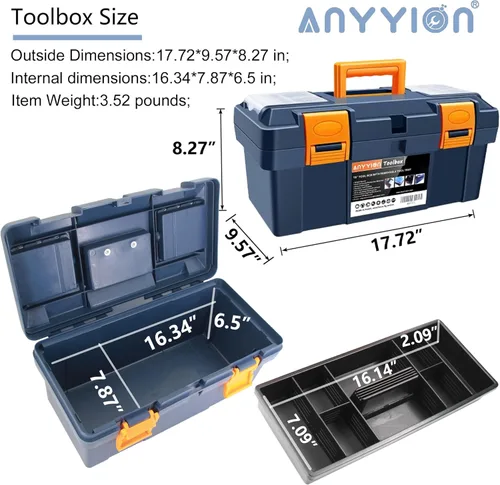 Miniatura 3 de Anyyion Caja de herramientas de 17 pulgadas con bandeja extraíble, la caja de piezas pequeñas en la tapa es extraíble, la bandeja se puede quitar