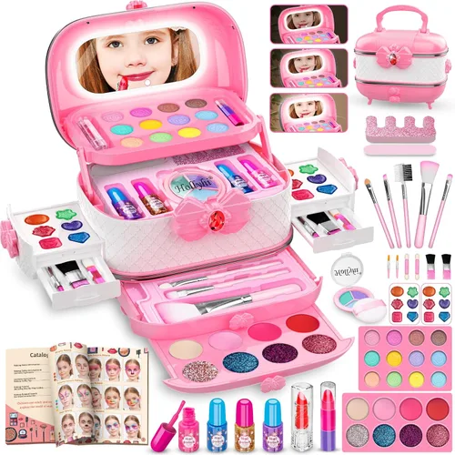 Miniatura 13 de Hollyhi Kit de Maquillaje de 58 Piezas para Niñas, Juguetes de Princesa, Set de Cosméticos Reales Lavables con Espejo, Sets de Maquillaje
