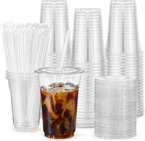 VITEVER [100 Juegos - 20oz] Vasos de Plástico Transparente con Tapas y Pajitas, Vasos Desechables para Café Helado, Batido, Malteada, Bebidas Frías