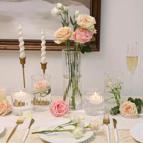 Miniatura 8 de ComSaf Jarrones de vidrio cilíndricos, paquete de 12, jarrones claros acanalados para centros de mesa y decoración de boda, jarrones de flores