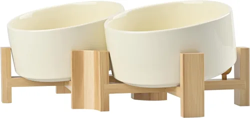 Miniatura 32 de SPUNKYJUNKY Cuenco de cerámica inclinado de 15° para perros y gatos con soporte de madera, cuenco inclinado para comida y agua para bulldog Blanco