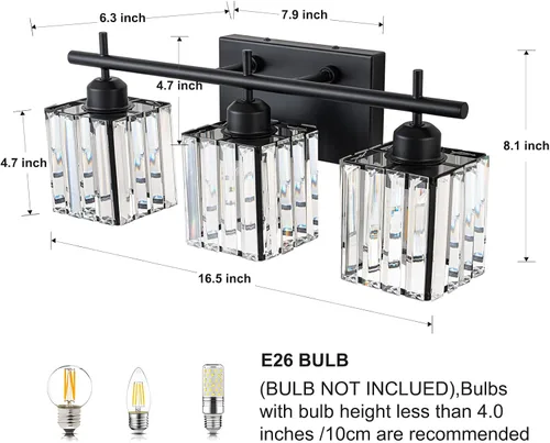 Miniatura 8 de Modernas luces de tocador de baño de cristal sobre el espejo, accesorios de iluminación de baño negro mate de 3 luces, accesorios de iluminación