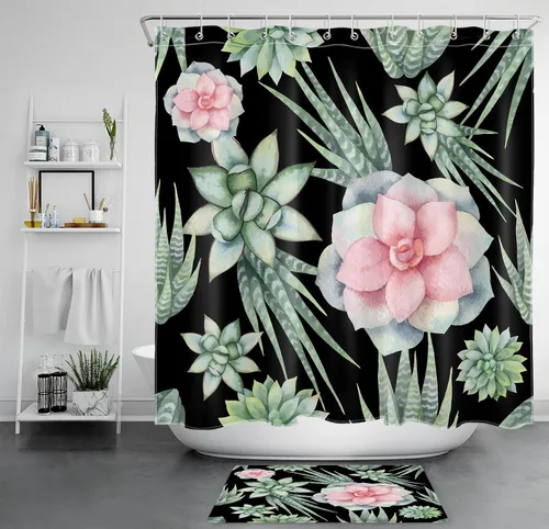 Miniatura 22 de Juego de cortinas de ducha de flamenco rosa, hoja verde salvia con hongo rojo, cortina de ducha para baño, cortina de ducha tropical de hoja