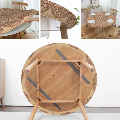 Miniatura 5 de Mantel redondo de mandala marrón, cocina, comedor o exterior, impermeable y lavable, mantel redondo con bordes elásticos, marrón castaño beige, se