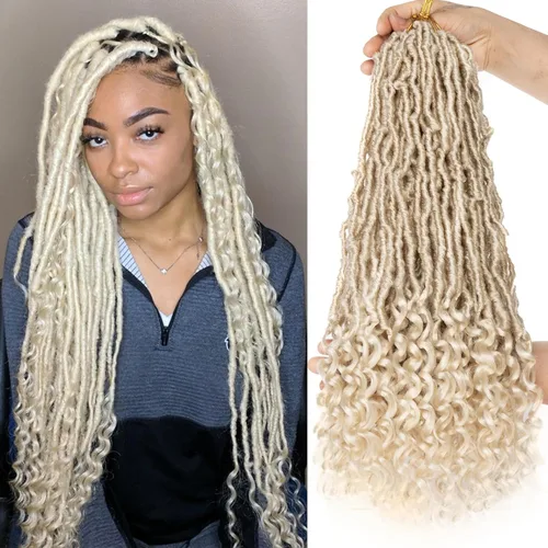 Miniatura 7 de Leeven 7 paquetes de rastas sintéticas con extremos rizados de 18 pulgadas, rastas de diosa preenrolladas para cabello de ganchillo, 84 hebras 1b#