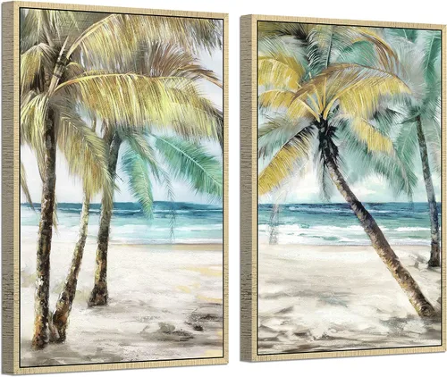 Miniatura 14 de ARTISTIC PATH Arte de Pared en Lienzo de Playa Tropical - 2 Piezas Pintura de Palmeras Imágenes de Paisajes Costeros del Océano Impresiones