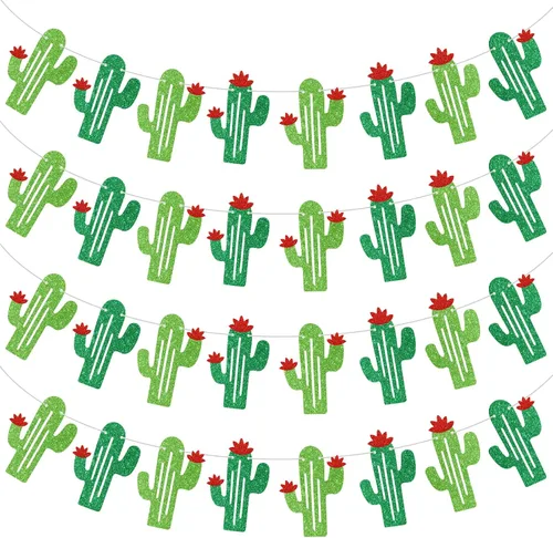 Lewtemi 4 guirnaldas de cactus con purpurina verde, decoración de fiesta temática mexicana para fiesta de cumpleaños, suministros de fiesta de cinco