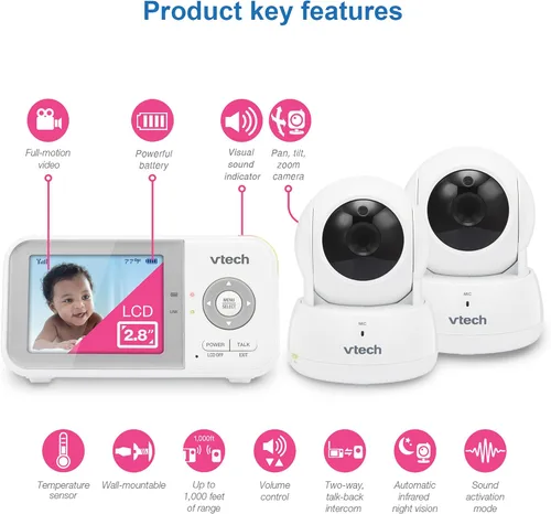 Miniatura 2 de VTech VM923-2 Monitor de bebé, pantalla de 2.8 pulgadas, rango de 1000 pies, panorámica-inclinación-zoom, visión nocturna, audio de 2 vías, sensor