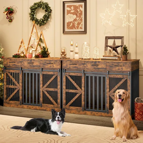 Miniatura 7 de kepptory Caja grande para perros de 48 pulgadas con 3 cajones de almacenamiento, perrera de madera con divisor removible, mesa auxiliar de perrera