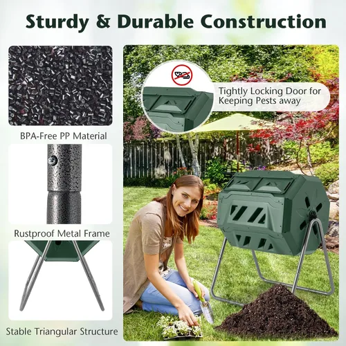 Miniatura 6 de Goplus Contenedor de compostaje de doble cámara para exteriores de 42 galones con 2 puertas corredizas, marco de metal resistente, compostador