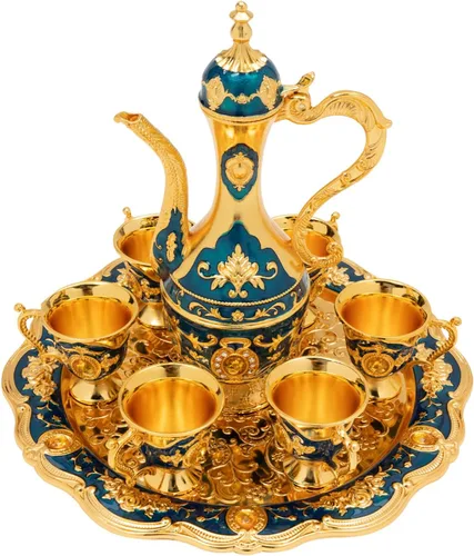 Juego de tetera turca, juego de taza de café clásica azul con bandeja y 6 tazas de té turco vintage, taza de café para hogares, restaurantes,