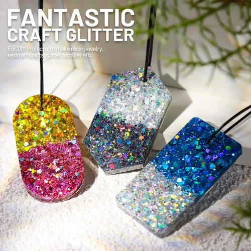 Miniatura 5 de LEOBRO Purpurina holográfica gruesa – 15 colores para manualidades de resina, uñas, cuerpo y joyería – con 10 cucharas mezcladoras