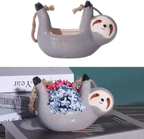 Miniatura 6 de Maceta colgante de cerámica con forma de perezoso de dibujos animados para interiores, maceta colgante de cerámica para plantas de aire suculentas