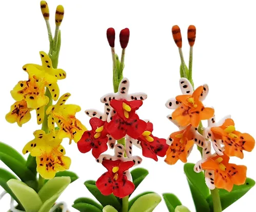 Miniatura 5 de WitnyStore Juego de 3 piezas pequeñas de 2 pulgadas de alto, orquídea amarilla, roja y naranja - Flores artificiales hechas a mano, coloridas