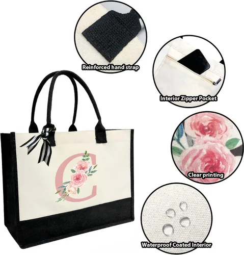 Miniatura 4 de DEEZOMO Initial Canvas Tote Bag for Women, Beach Bag with Inner Zipper Pocket Personalized Gifts for Wedding, Birthday