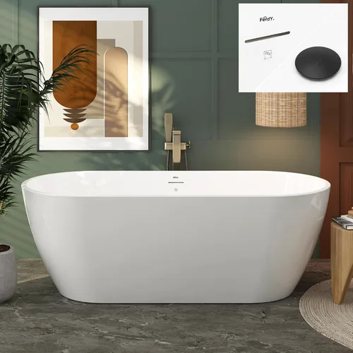 Miniatura 33 de FerdY 59" Bañera de acrílico independiente Bali Elite, bañera independiente de inmersión con forma elegante, certificada cUPC, desagüe negro Toe-Tap