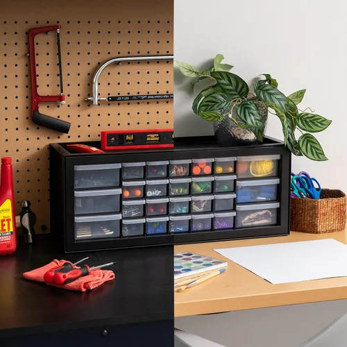 Miniatura 9 de IRIS USA Cajones de almacenamiento de plástico, Caja de herramientas apilable para maestros con 26 cajones, organizador de piezas pequeñas para Negro